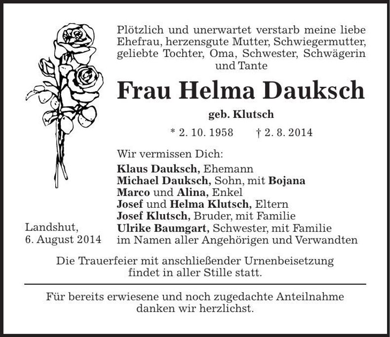 Traueranzeige Helma Dauksch