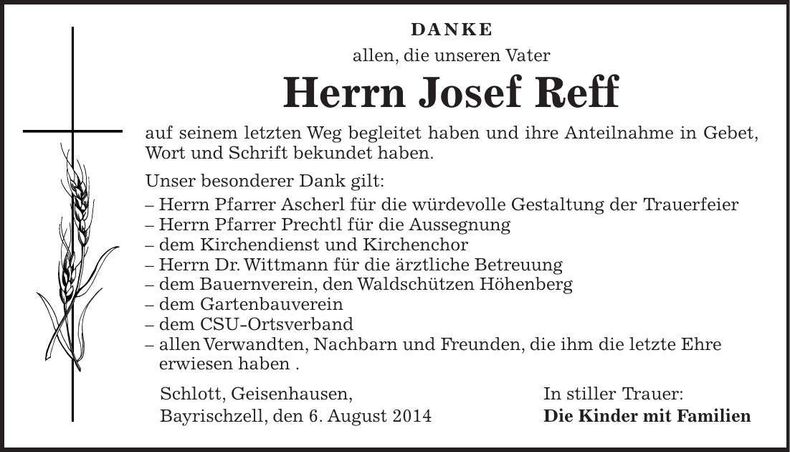 Traueranzeige Josef Reff