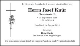 Traueranzeige Josef Knür