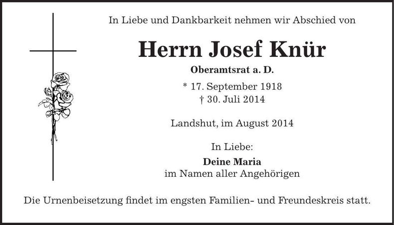 Traueranzeige Josef Knür
