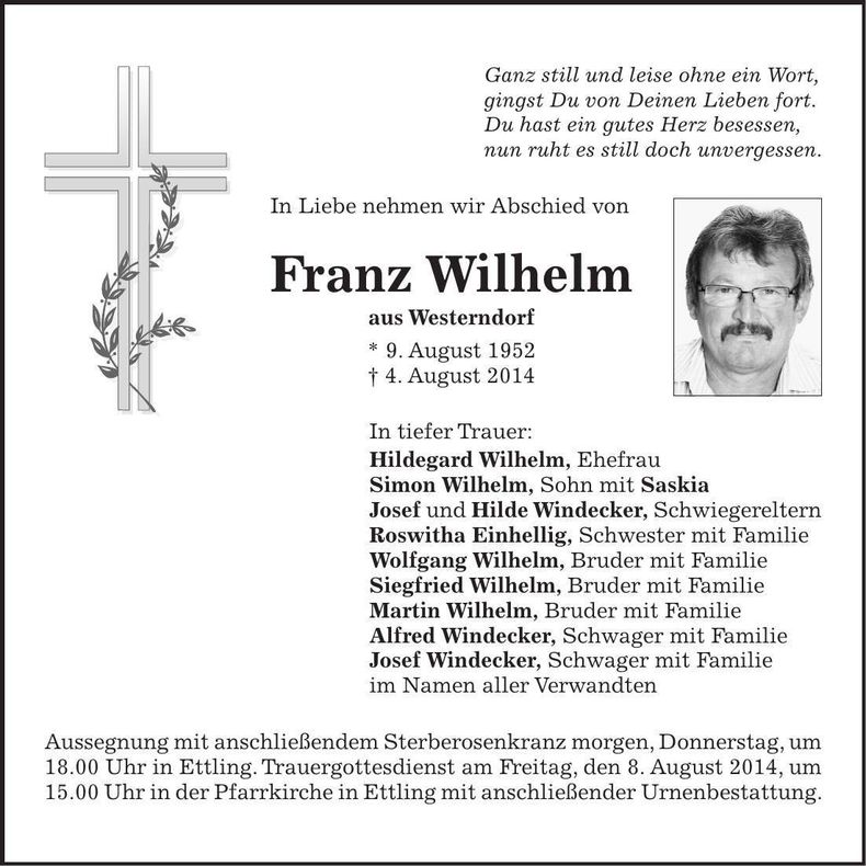 Traueranzeige Franz Wilhelm