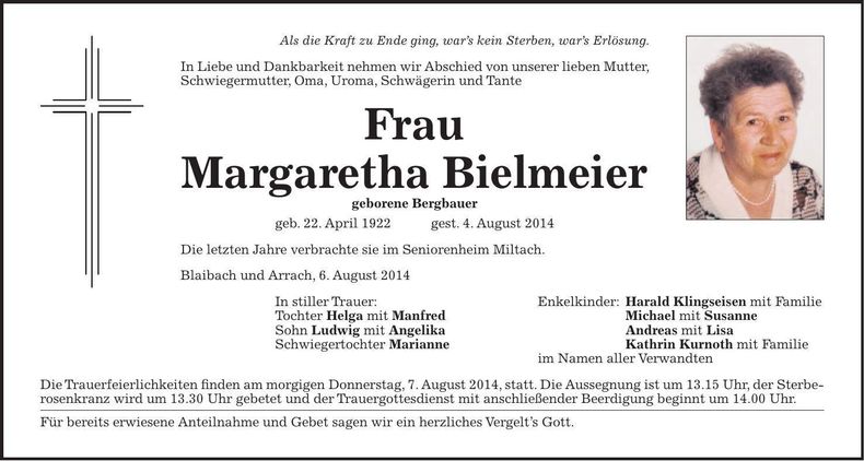Traueranzeige Margaretha Bielmeier