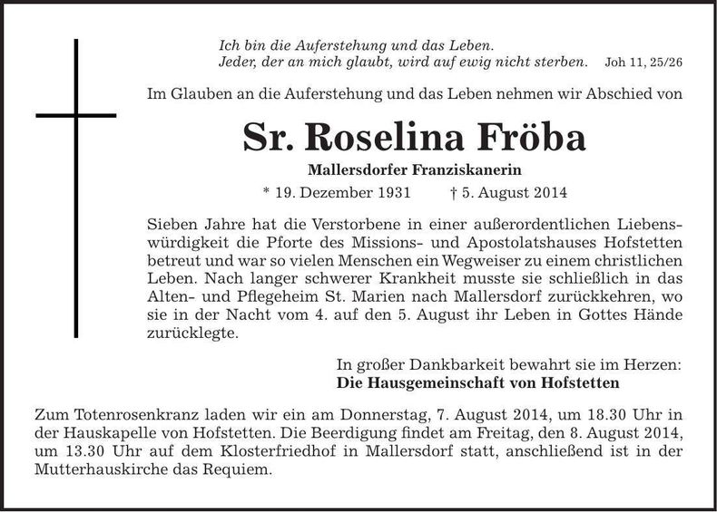 Traueranzeige Sr. Roselina Fröba