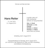 Traueranzeige Hans Reiter