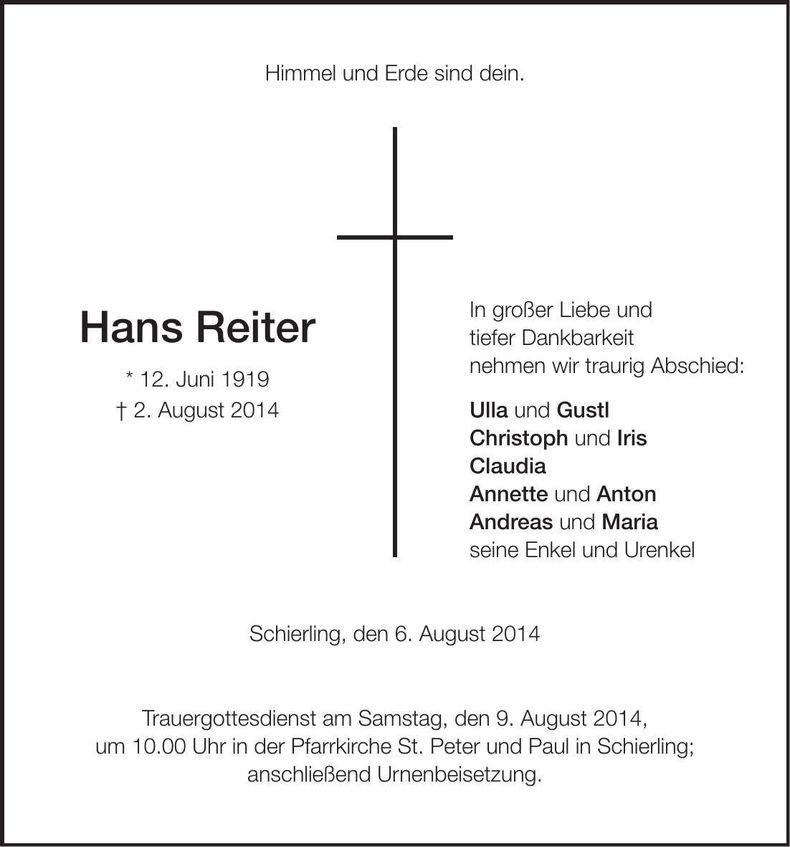 Traueranzeige Hans Reiter