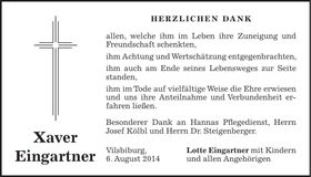 Traueranzeige Xaver Eingartner