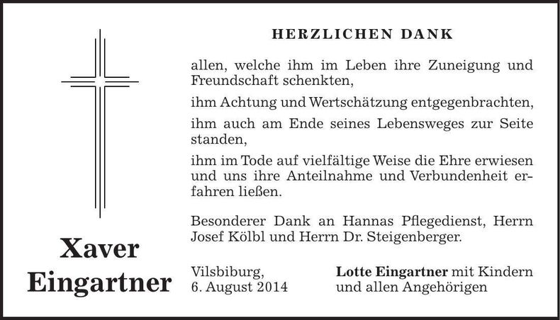 Traueranzeige Xaver Eingartner