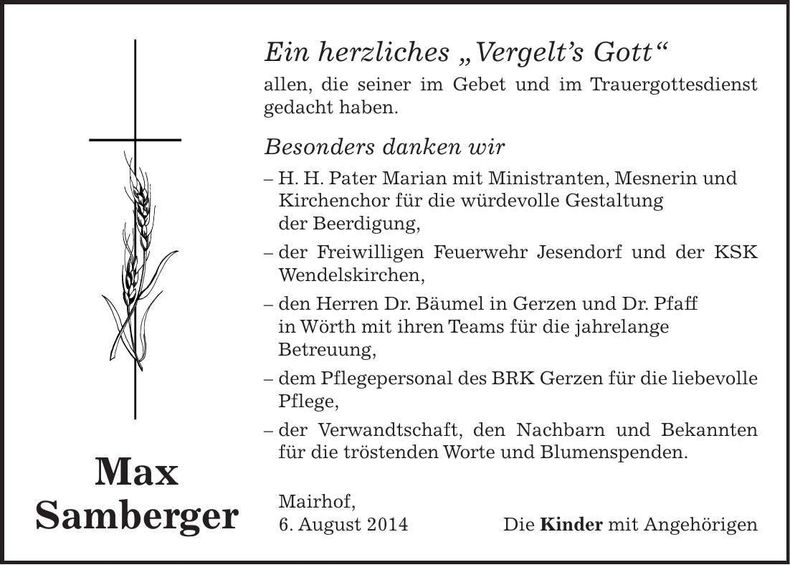 Traueranzeige Max Samberger