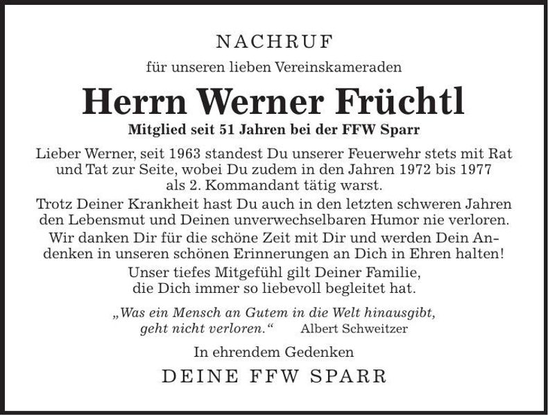 Traueranzeige Werner Früchtl