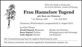 Traueranzeige Hannelore Tugend