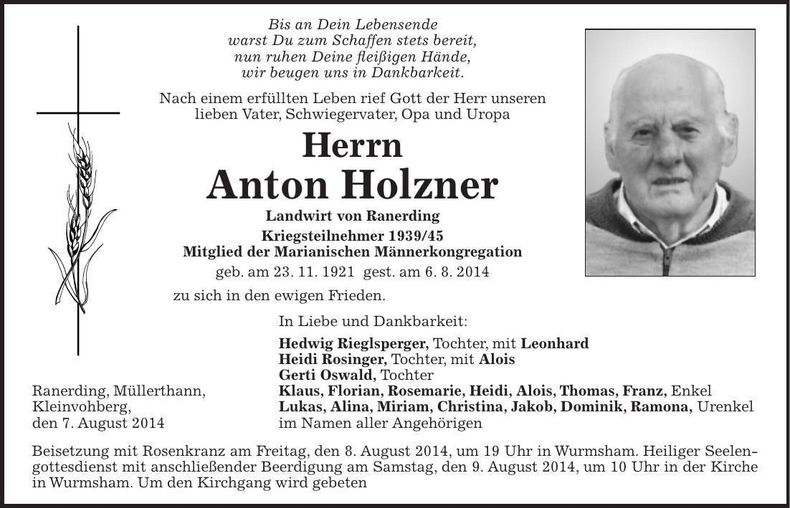 Traueranzeige Anton Holzner