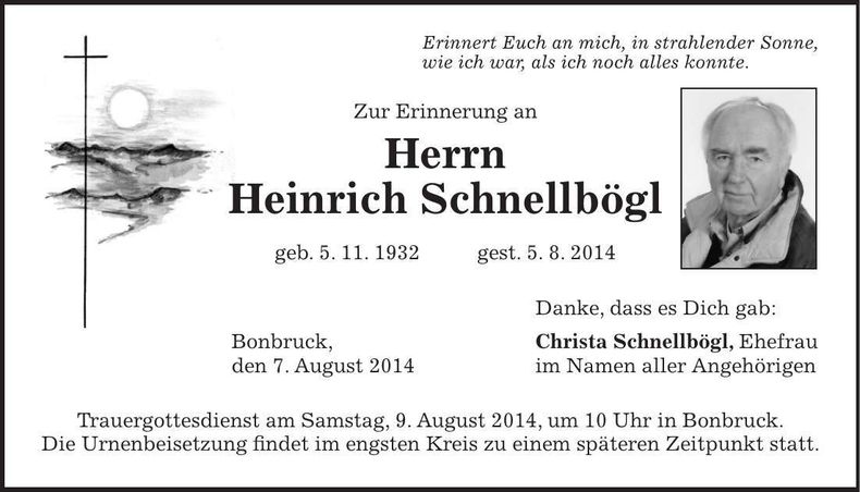 Traueranzeige Heinrich Schnellbögl
