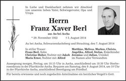 Traueranzeige Franz Xaver Berl