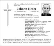 Traueranzeige Johann Hofer