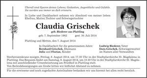 Traueranzeige Claudia Grischek