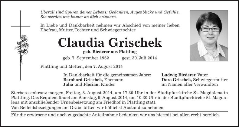 Traueranzeige Claudia Grischek