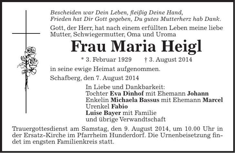 Traueranzeige Maria Heigl