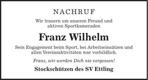 Traueranzeige Franz Wilhelm