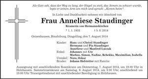 Traueranzeige Anneliese Staudinger