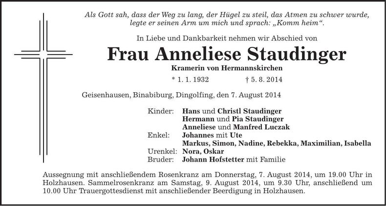 Traueranzeige Anneliese Staudinger