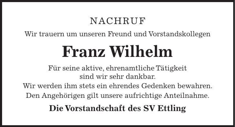 Traueranzeige Franz Wilhelm