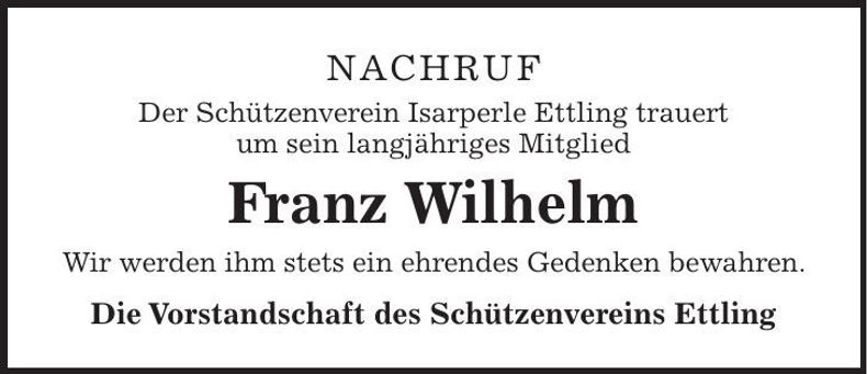 Traueranzeige Franz Wilhelm