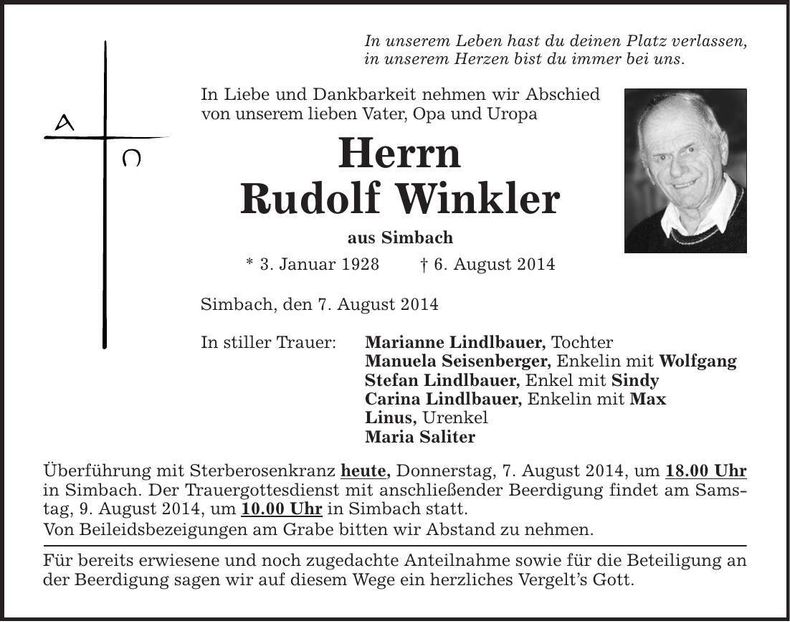 Traueranzeige Rudolf Winkler