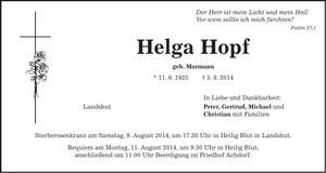 Traueranzeige Helga Hopf