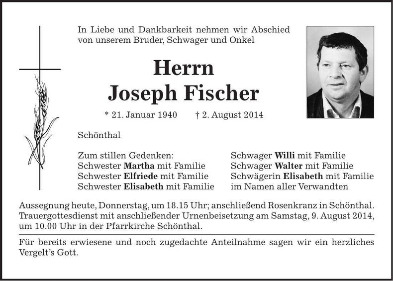 Traueranzeige Joseph Fischer