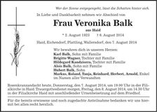 Traueranzeige Veronika Balk