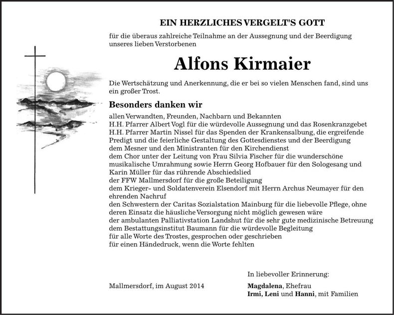 Traueranzeige Alfons Kirmaier