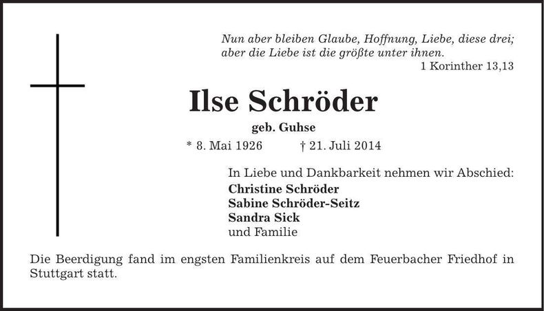 Traueranzeige Ilse Schröder