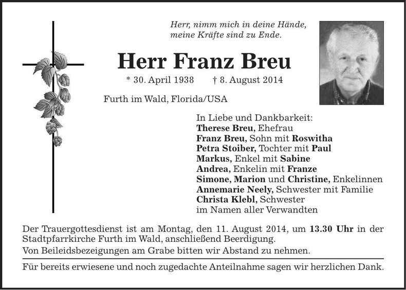 Traueranzeige Franz Breu