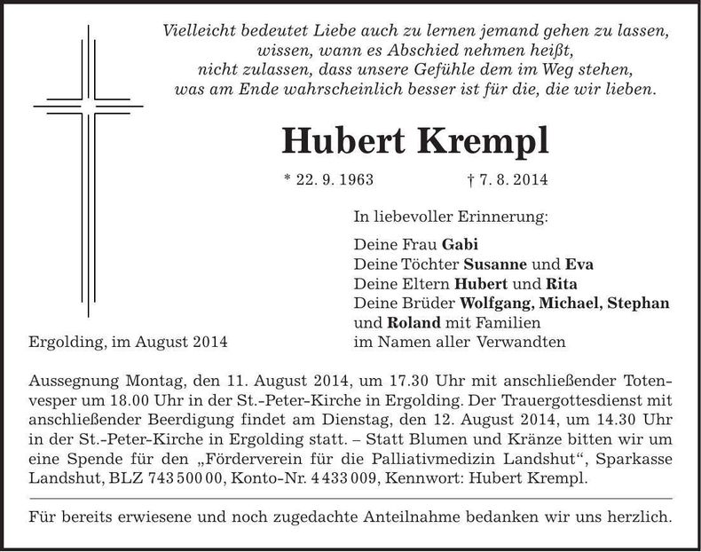 Traueranzeige Hubert Krempl