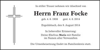 Traueranzeige Franz Focke