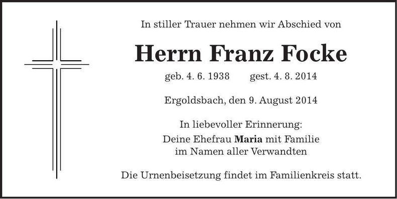 Traueranzeige Franz Focke