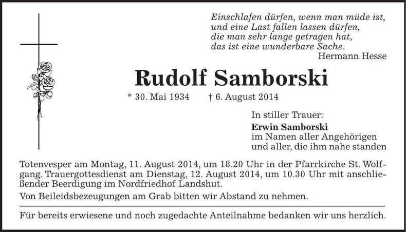 Traueranzeige Rudolf Samborski