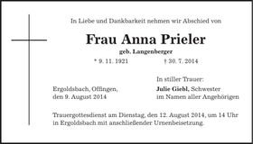 Traueranzeige Anna Priler
