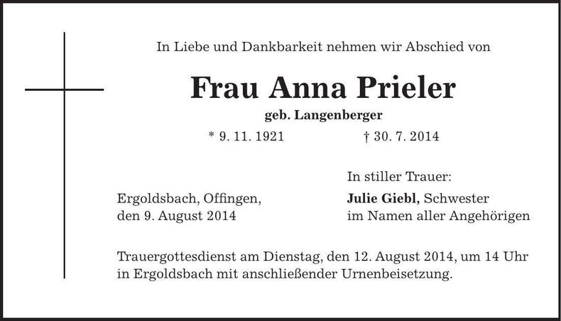 Traueranzeige Anna Priler