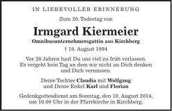 Traueranzeige Irmgard Kiermeier