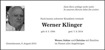 Traueranzeige Werner Klinger