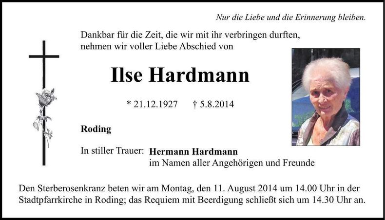 Traueranzeige Ilse Hardmann