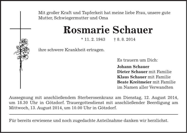 Traueranzeige Rosmarie Schauer