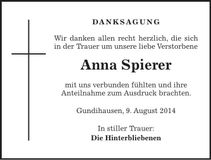 Traueranzeige Anna Spierer