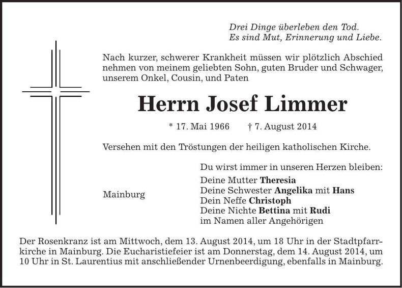 Traueranzeige Josef Limmer