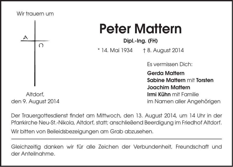 Traueranzeige Peter Mattern