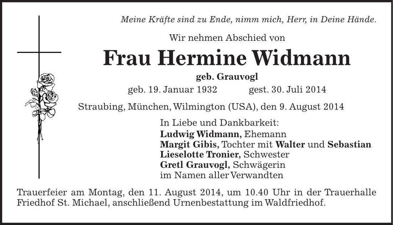 Traueranzeige Hermine Widmann