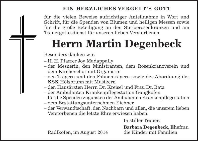 Traueranzeige Martin Degenbeck