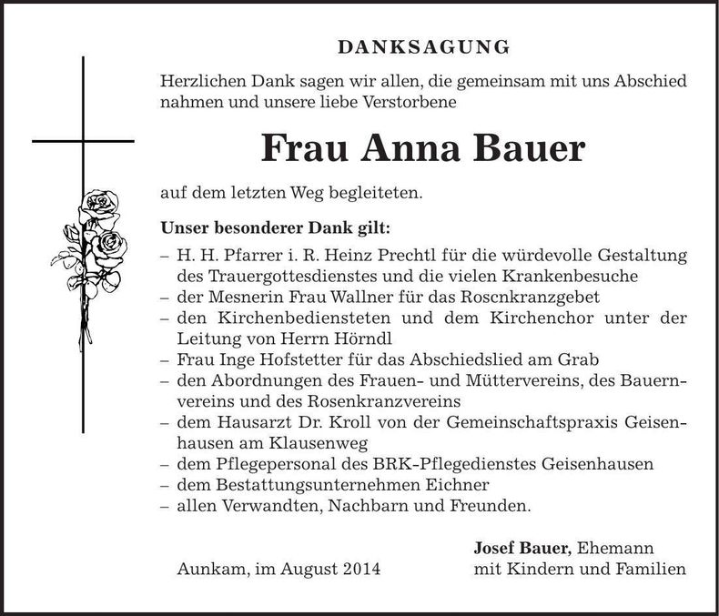 Traueranzeige Anna Bauer
