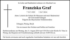 Traueranzeige Franziska Graf